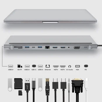 12 en 1 USB Tipo-C Hub USB 3.1 a Dual HDMI compatibles con 4K Multi USB Divisor de la Estación de Acoplamiento para Microsoft Surface Libro 2