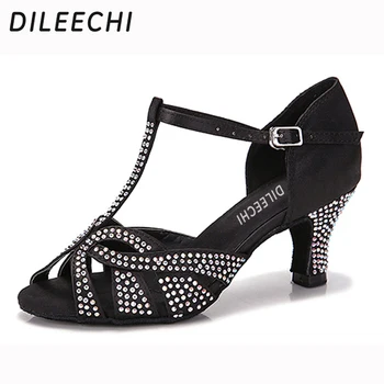 DILEECHI de las mujeres de baile latino zapatos de raso de diamantes plaza de la danza zapatos sandalias danza moderna zapatos de color negro de tacón de 6cm