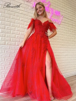 Bowith Pluma de Vestidos de Noche de color Rojo Vestidos de fiesta con Apliques de Lujo de Larga Vestidos de Noche para las Mujeres Vestidos para Ocasiones Formales