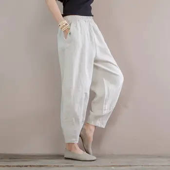 Las mujeres de Verano Fina de Lino Pantalones de Cintura Elástica de Color Sólido Pantalones beige Para Mujer Casual de las Señoras de la Vendimia Pantalones