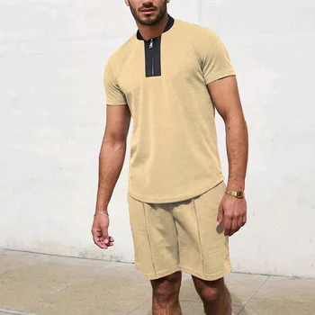 2023 Verano los Hombres del Activewear de Color Sólido de Manga Corta de Cuello de Pie Zip Polo Camiseta+pantalones Cortos para Hombres Casual Streetwear de la Pieza 2 M