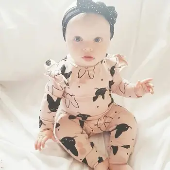 El Otoño Recién Nacido De Las Niñas De Bebé Mameluco De Pijama De Conejo Impreso De La Mosca De Diseño De Manga Mono+Diadema Casual Bebés Ropa