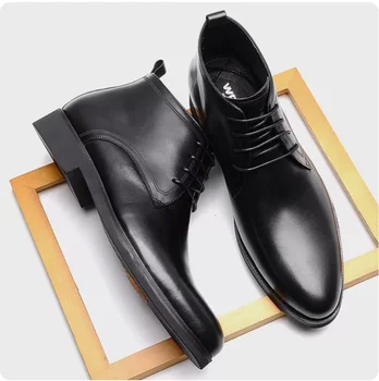 Nuevo alto-top de los zapatos de cuero de cuero de los hombres de negocios, traje de corbata capa superior de cuero señaló corto botas de los hombres de un solo botas