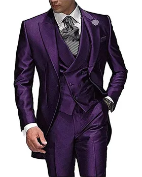 Púrpura de el Hombre de la Chaqueta Chaleco Pantalones de los Trajes de los Hombres para la Boda de la Solapa de Pico Hecho a medida de Trajes a la Medida Desgaste del Partido Masculina Trajes de Chaqueta de Esmoquin