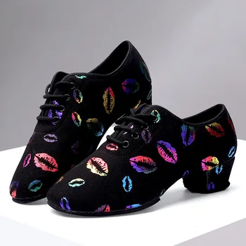 de tacón alto zapatos de baile zapatillas de deporte de las mujeres de salón de baile latino zapatos de mujer negro cerrar toe zapatos de baile para las mujeres de Labios de impresión