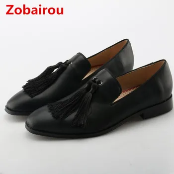 Zobairou 2018 zapatos hombre negro zapatos de cuero de los hombres mocasines tassel causal plano de la boda para hombre zapatos de vestir oxford plus tamaño
