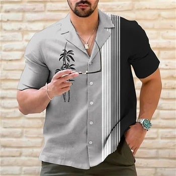 2023 camisas de hombre de verano de los hombres de Hawai camisetas de moda casual de la calle de manga corta de coco rayado vacaciones en la playa, parte 6 colores