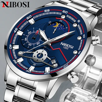 NIBOSI Nueva Marca de Lujo de los Hombres Azules Impermeable Relojes Cronógrafo Luminoso reloj de Pulsera Militar Masculino Reloj de Cuarzo Relogio Masculino