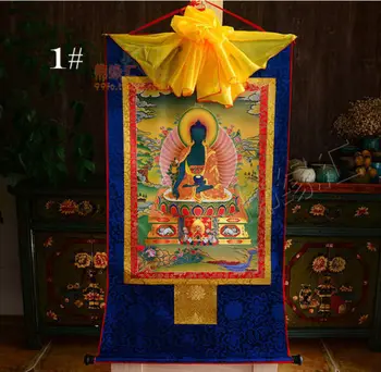 Buddha de la Medicina tibetana Impresión de Seda Dorar Thangka Thanka Bhaisajyaguru 35CM