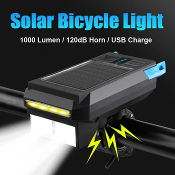 3 EN 1 Solar Bicicleta Luz Delantera Con 120dB Altavoz 1000 Lumen 3000mAh de la Bicicleta del Faro MTB Cuerno de Ciclismo de Carga USB Linterna