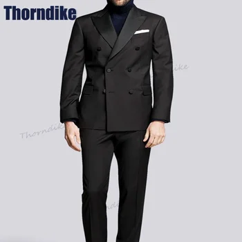 Thorndike Hombres con Trajes Negros Conjunto Formal de Negocios de Doble Botonadura Blazer Establece el Novio de Esmoquin a Medida 2pcs Trajes de Boda Para Hombres