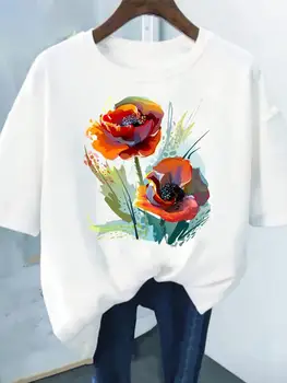 Impresión de la flor de la Moda de la Planta de Tendencia Encantador Estilo de Manga Corta de las Mujeres Camiseta de Verano T Ropa Femenina Ropa Casual T-camisas