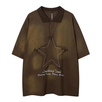 Vintage Hip Hop Star Parches Polo T-shirt Harakuju de gran tamaño Bordado de la parte Superior de las Camisetas De Macho Lavado