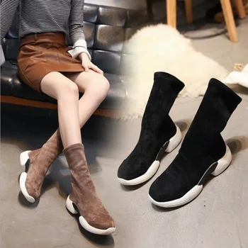 occidental de la marca de lujo de invierno tramo calcetines botas de las mujeres gamuza corto bota feminino fondo grueso botas chelsea famoso diseñador