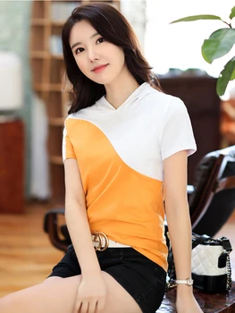 2023 Nuevo En el Verano de Ropa de Mujer Pequeña Multitud Diseño con Capucha de Color de Contraste coreano de la Moda de manga Corta Casual T-shirt de las Mujeres Tops