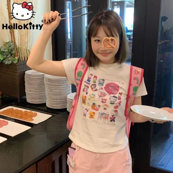 Sanrio Hello Kitty Nueva Slim camiseta de las Mujeres de Verano de Manga Corta Camisetas Lindo Recortar la parte Superior de Impresión de dibujos animados de Moda White Tees Y2k Ropa