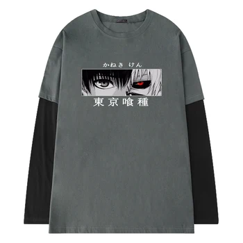 Hip Hop Falso de dos piezas de Tokyo Ghoul Camiseta Masculina Kaneki Ken Impresión Unisex Anime camiseta de Manga Larga de los Hombres de la T-camisetas Casual Tops