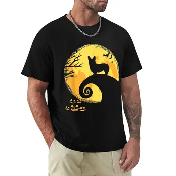 Corgi Y la Luna de Disfraces de Halloween Camiseta negra camisetas de verano tops negro camiseta de anime ropa equipado t shirts para hombres