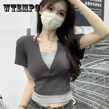 WTEMPO Y2k Estilo V-Cuello de Manga Corta T-shirt de las Mujeres del Verano coreano de la Moda de 2023 Nuevo Falso de Dos piezas de Diseño Slim Fit Recorta la parte Superior
