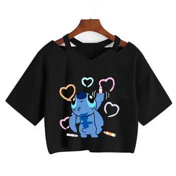 Disney Kawaii Lilo Stitch Divertidos dibujos animados Camiseta de las Mujeres de la Puntada de la Manga T-shirt Y2k Gráfico de la Camiseta de la Calle Recortar la parte Superior Camisetas Mujer