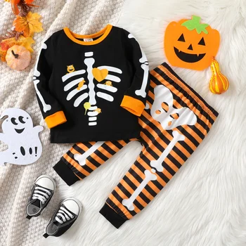 PatPat Halloween 2pcs Bebé Niño/Niña Esqueleto de Impresión de Mangas Largas de Conjunto