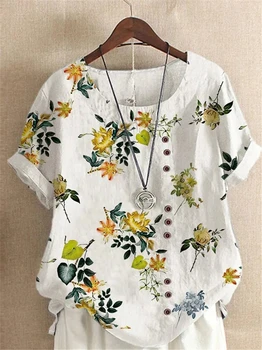 Ropa de cama de algodón Botón de la Flor de la Camisa de Verano de las Mujeres de Impresión Casual O-Cuello de Manga Corta de Jersey Tops de Moda de la Calle Virgen Camisetas
