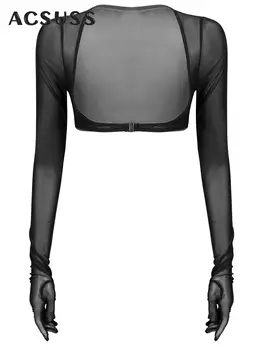 Nueva 2023 Verano de las Mujeres-a través de Guantes de Malla de la Moda 'Crop Tops' de la Playa de Protección solar de Manga Larga Cubierta del Brazo Encogimiento de hombros de la Blusa Clubwear