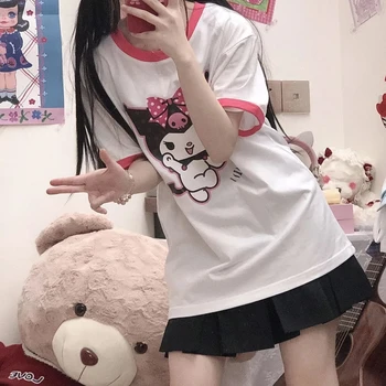 Japón Harajuku Divertido Impreso de Hello Kitty Camisetas Chica Kawaii Blanco, Más el Tamaño de Algodón Anime Y2k parte Superior de las Mujeres de Manga Corta Grunge T-shirt