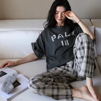 Verano Pijamas de las Mujeres a Cuadros de Manga Corta Pantalones Sueltos Versión coreana Insky Moda Neto Rojo Puede Ser Usado para Casa de Desgaste