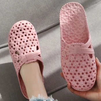 Hembra Hueco Zapatillas de Verano de Estilo coreano Ronda la Cabeza de Playa Zapatos Planos de Color Sólido antideslizante de Ocio Sandalias Zapatillas Mujer