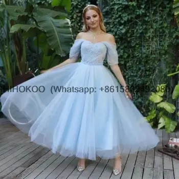La Princesa De Los Hombros Fuera De Tul Longitud De Tobillo Luz Azul Prom Vestido Formal De Perlas Nuevo Boho Vestido De Noche Para La Fiesta De Boda
