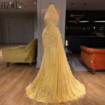 La Luz brillante de color Amarillo de Plumas Lentejuelas Vestidos de Noche 2020 Aspecto estilizado Diseño de Volantes de Baile Vestido Formal Vestido de Fiesta vestido con la Túnica de