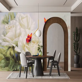 Simple costumbre moderna mural de la Rosa blanca Mariposa Sala de estar dormitorio personalizado auto-adhesivo de papel tapiz mural