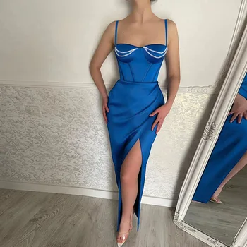 Espaguetis Correa De Color Azul Real De Satén Longitud De Tobillo De Ropa Mujer Bonita De Vestido De Fiesta Con Hendidura Rebordear Vestidos De Noche Elegante