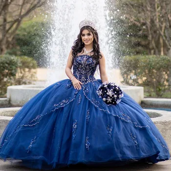 Azul real de Novia Vestidos de Quinceañera Flores 3D Apliques de Encaje Batas De Soirée Vestidos De 15 Anos Corsé de nuevo