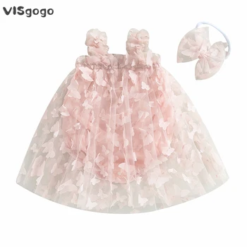 VISgogo de las Niñas de Bebé Drses 2Pcs de Verano de la Princesa Trajes sin Mangas 3D de Mariposas de Tul Vestido de Mameluco Arco Diadema Conjunto