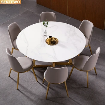 Diseñador de Lujo de la ronda de Roca de Mármol de la Losa mesa de comedor 4 6 sillas mesa stolik muebles meuble marbre de acero Inoxidable base de oro