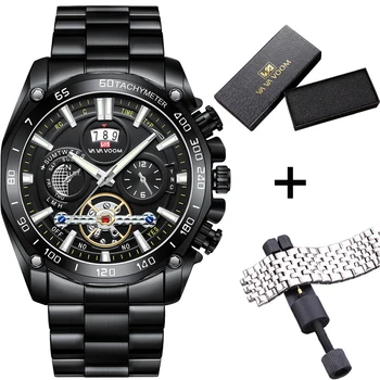 VAVAVOOM los Hombres de la Moda Reloj de los Deportes Casual Multifunción Calendario del Reloj de Acero Inoxidable Negro Luminoso Función de Cuarzo Wristwatche