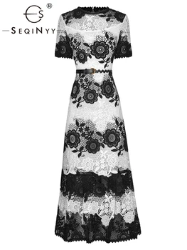 SEQINYY Parte Midi Vestido de Verano de la Primavera Nueva Moda de Diseño de las Mujeres en la Pista de la Calle Alta, Negro, Blanco de Encaje ahuecar la Flor de la Correa