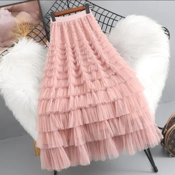 Pasarela de Moda de diseño en Cascada de Volantes Una Línea de Faldas Largas de las Mujeres Casual Elástico de la Cintura de Todas las Estaciones Básico de la Falda de Saias y2k falda