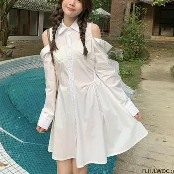 Chic Coreana De Las Mujeres De La Moda Temperamento Señora De La Oficina Elegante Lindo Trabajo Sólido Vintage De Los Hombros Fuera De La Camisa De Vestir De Fenimine Vestidos