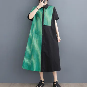 #3752 Verano Vertrical de la Camisa de Rayas Vestido de Mujer Polo Cuello Suelto al Estilo coreano Vestido de Una línea de Manga Corta con Bolsillos Empalmados Color