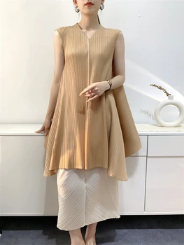 5Color Miyake Pliegues elegantes Gran Swing Mini Vestido de las Mujeres De 2023 Verano V-cuello sin Mangas de la Mujer Elegante Color Sólido Vestido Suelto