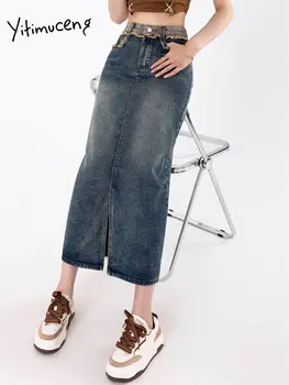 Yitimuceng de Talle Alto, Maxi Faldas para las Mujeres 2023 Nueva Moda de Verano Bolsillos de Una Línea de Faldas Vintage Streetwear Slim Y2k Falda