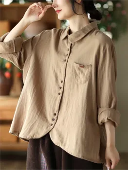 2023 Primavera Nueva Camiseta de las Mujeres Retro Casual Slim-tipo de Tops de las Señoras de Turn-down Cuello de Botón Simple Vintage Blusa Tops