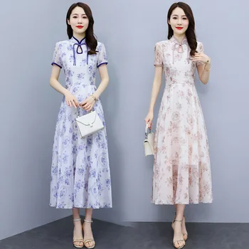Estilo chino de Stand-up Collar Vestido Elegante Temperamento Mejora de la Cheongsam Sexy Una línea de Falda de Gasa estampada de las Mujeres Vestidos