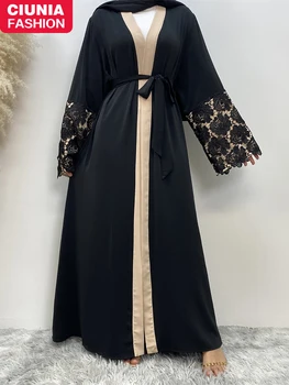 Venta caliente Nida Abayas Negras Abiertas Para las Mujeres Musulmanas Vestidos de Dubai de Manga Larga con Apliques de Marruecos Kaftan Turquía Ramadán Bata Kimono