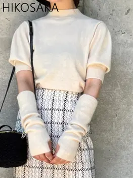 Japonés Y2k Superior Sólida Puff Manga Suéter con Oversleeve Elegante de la Mitad de Cuello Alto de Punto Pullovers Otoño Todos-partido de los Puentes