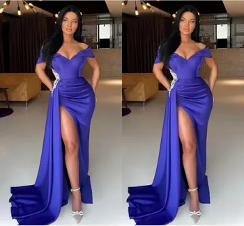 Dubai árabe Africano Púrpura Sirena Vestidos de fiesta Largos para las Mujeres Muchachas Negras de los Hombros Fuera de Cuello V fractura del Lado Vestido de Noche Formal