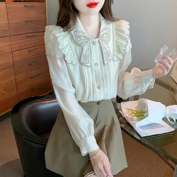 Blanco de Gasa Blusa de 2023 de la Primavera de las Mujeres de la Vendimia Dulce Bordado pajarita de Manga Larga Botón de la Camisa Y2k Moda coreano Flojo Superior
